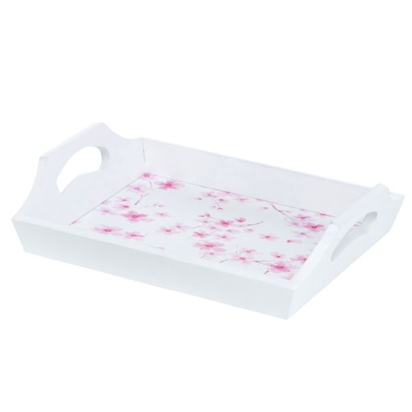 Weisses Holz-Tablett rosa Kirschblüten