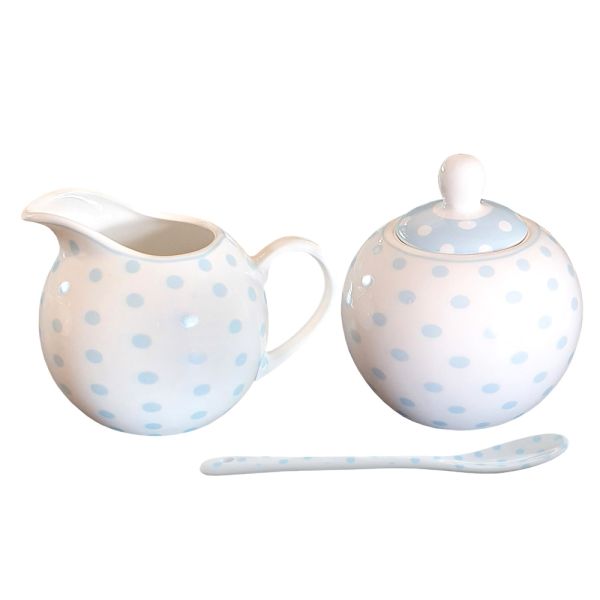Weisses Porzellan-Zuckerdose- und Milchkännchen-Set mit Löffel - hellblaue Punkte