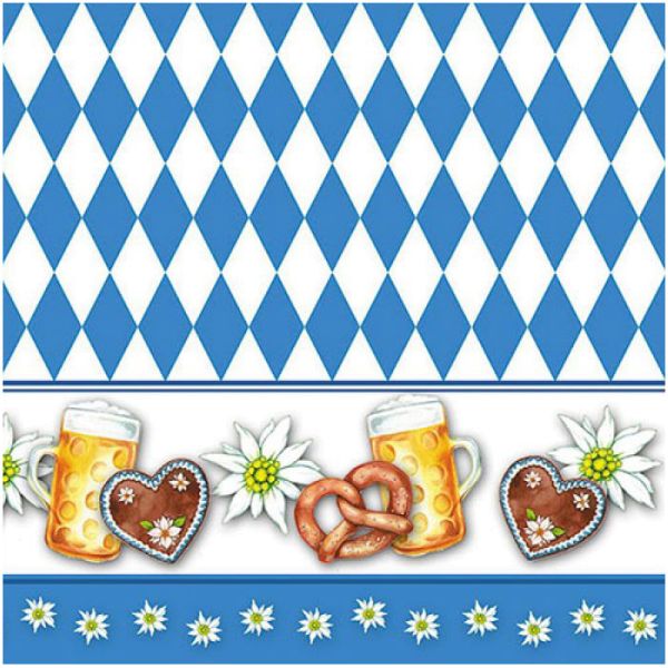 Papier-Serviette Oktoberfest - weiss-blaue Raute, Brezen, Bierkrüge und Edelweiss