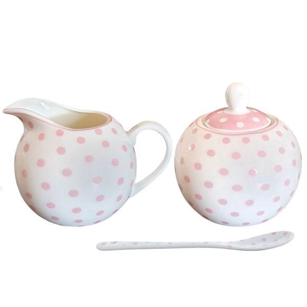 Weisses Porzellan-Zuckerdose- und Milchkännchen-Set mit Löffel - rosa Punkte